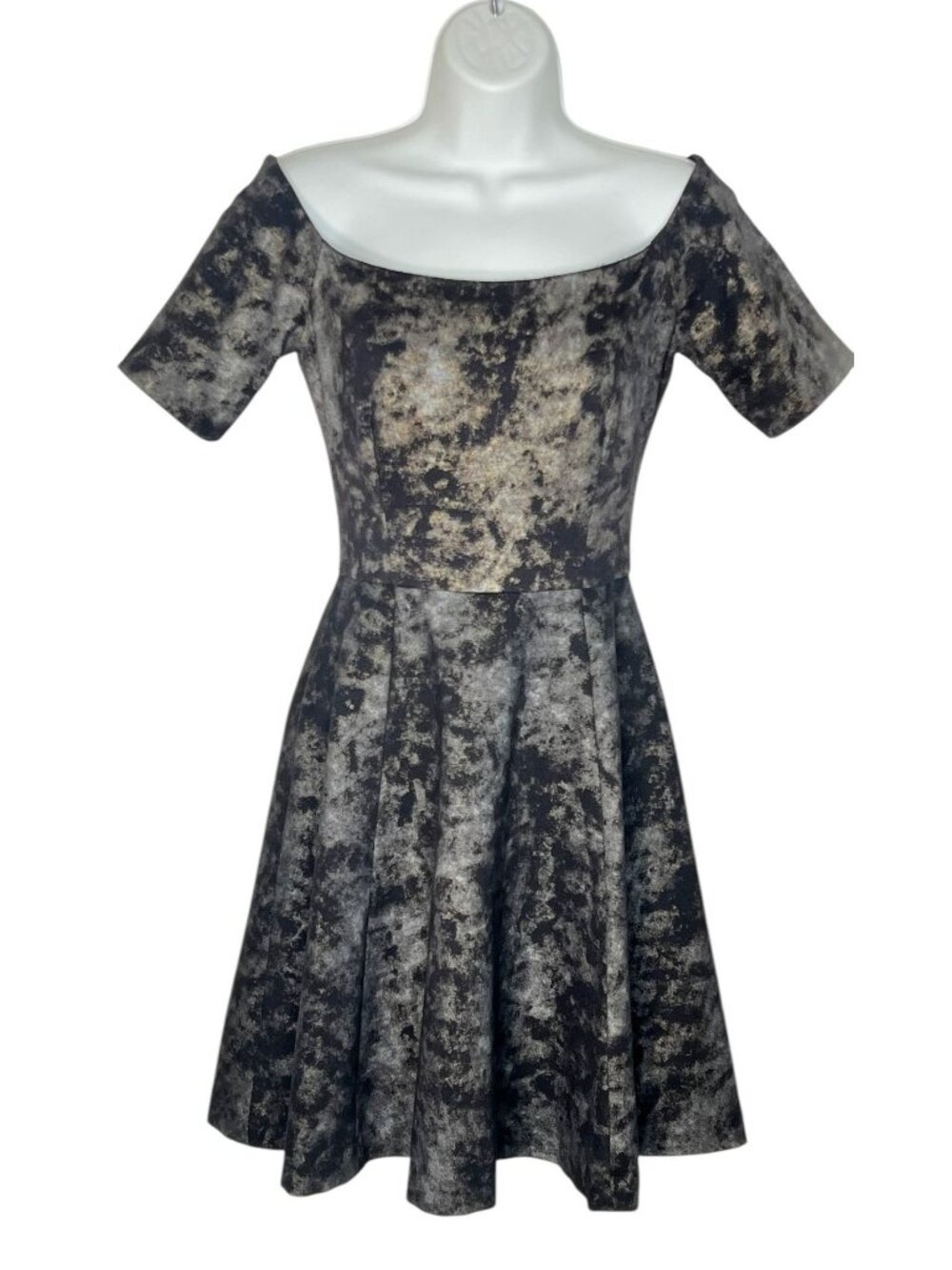 Hunter Bell Metallic Marble Mini Skater Dress Black Silver Gold XS